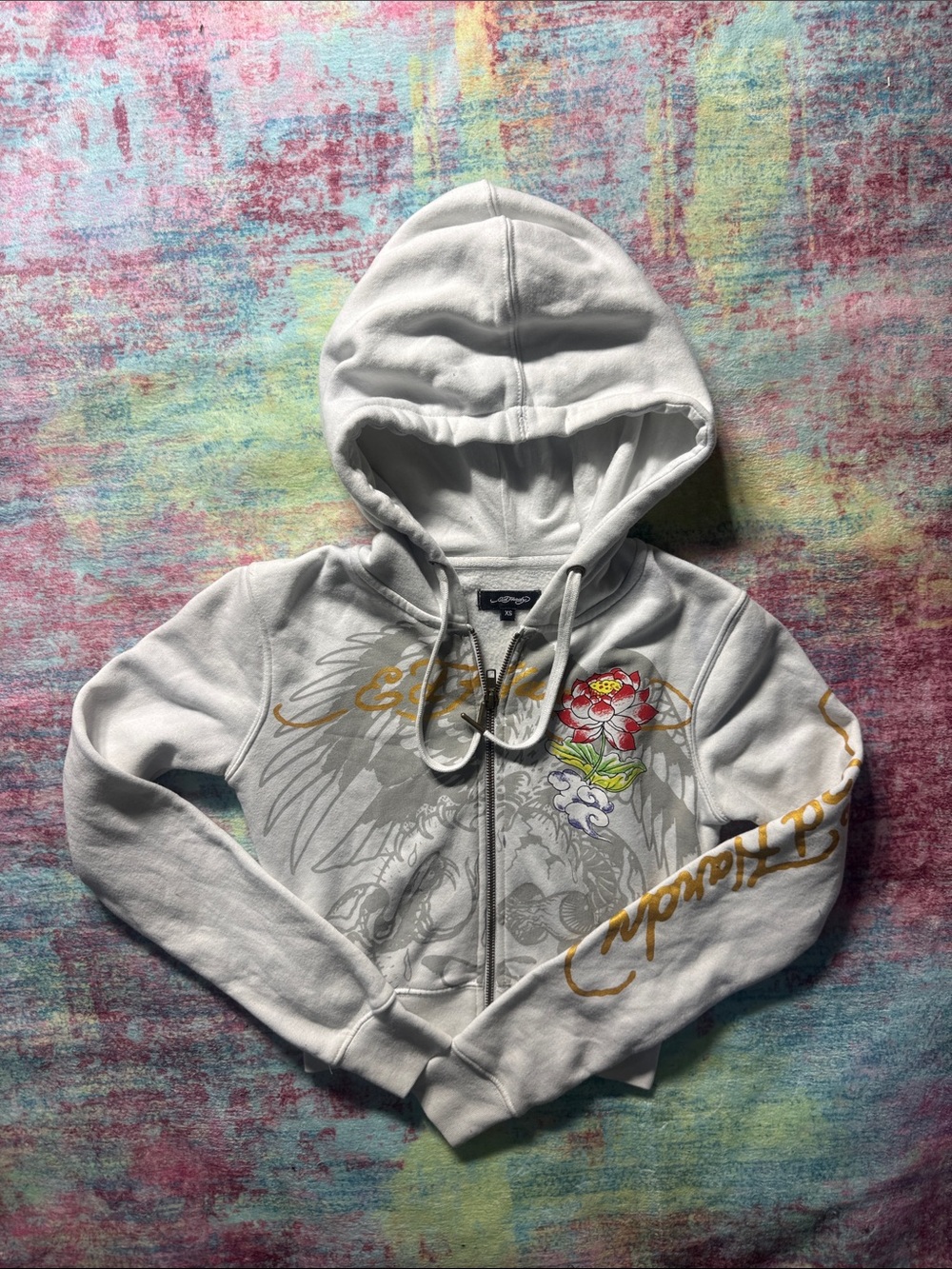 Ed Hardy White Hoodie Jacket with Floral & Script Accents